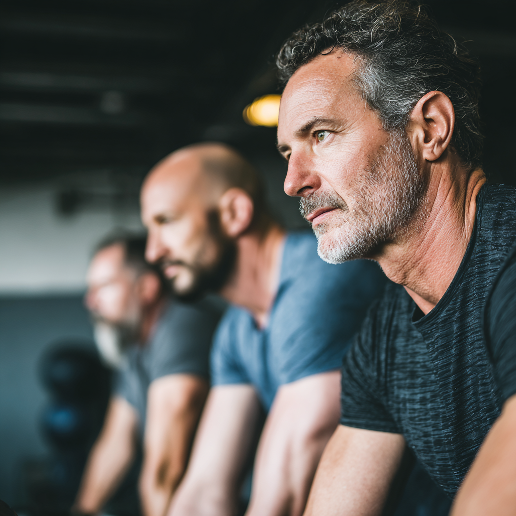 Middle-aged men engaged in focused strength training session