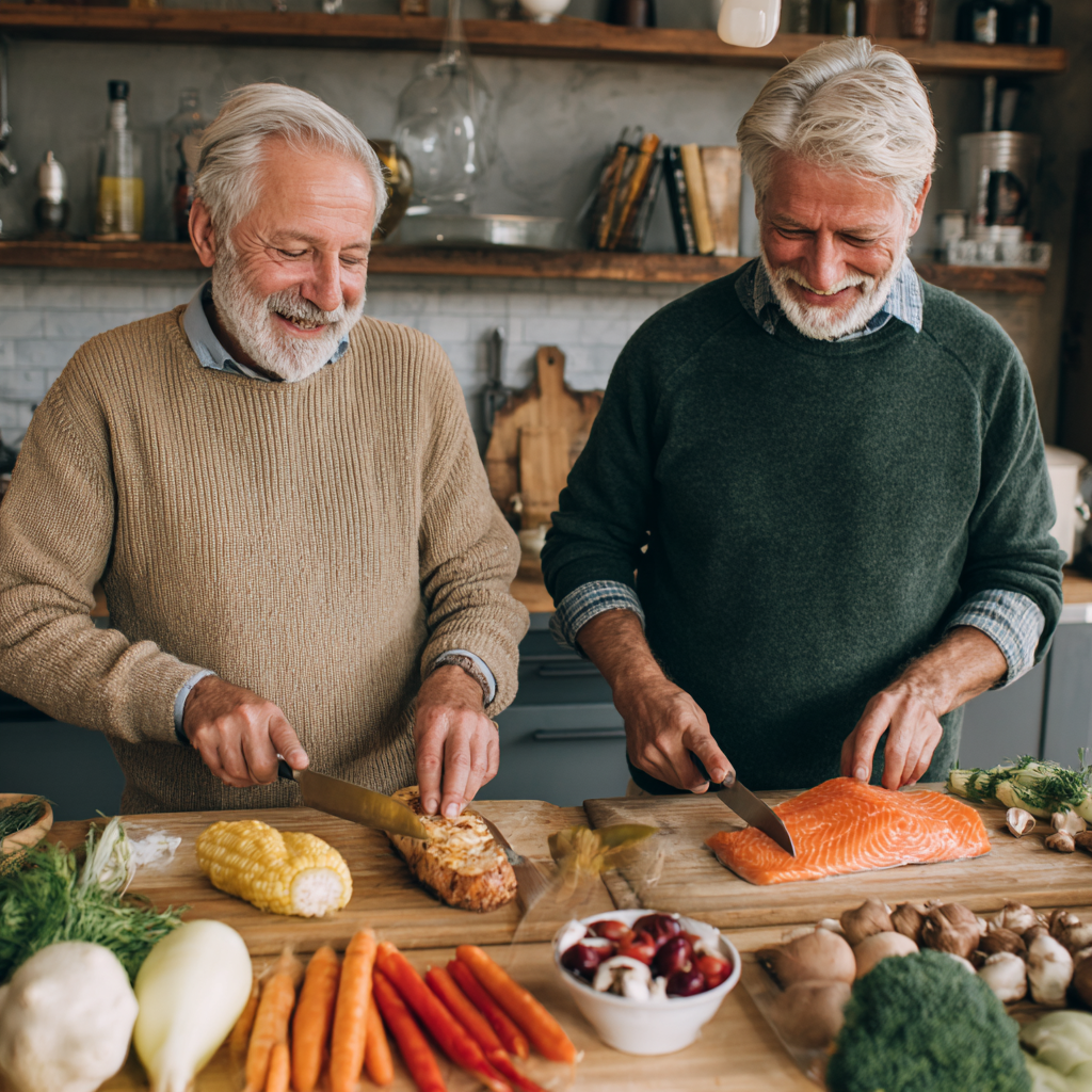 Older adult men preparing balanced meals for optimal health